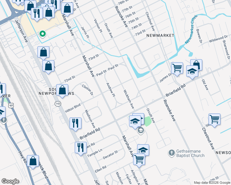 map of restaurants, bars, coffee shops, grocery stores, and more near 5918 Andrew Place in Newport News