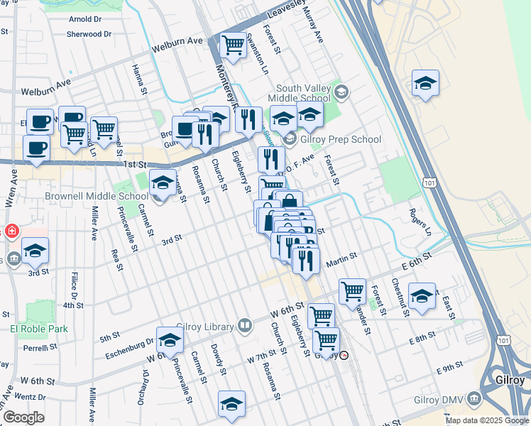 map of restaurants, bars, coffee shops, grocery stores, and more near 64 3rd Street in Gilroy
