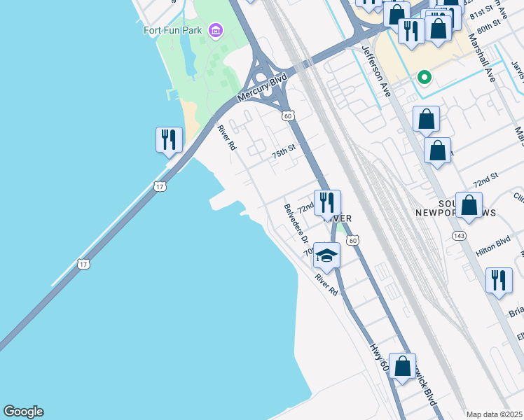 map of restaurants, bars, coffee shops, grocery stores, and more near 7207 River Road in Newport News