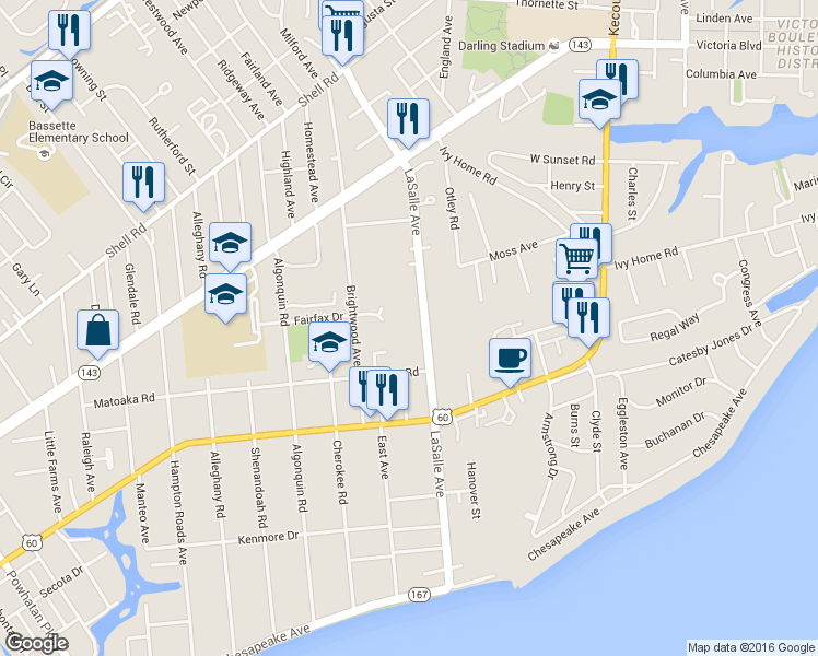 map of restaurants, bars, coffee shops, grocery stores, and more near 281 LaSalle Avenue in Hampton