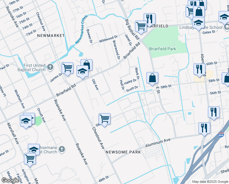 map of restaurants, bars, coffee shops, grocery stores, and more near 5910 Potomac Avenue in Newport News