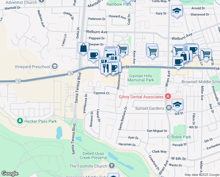 map of restaurants, bars, coffee shops, grocery stores, and more near 1250 Juniper Drive in Gilroy