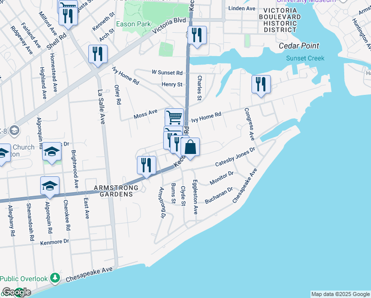 map of restaurants, bars, coffee shops, grocery stores, and more near 3921 Kecoughtan Road in Hampton