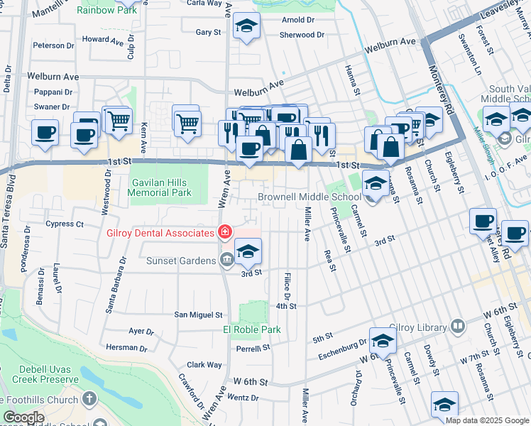 map of restaurants, bars, coffee shops, grocery stores, and more near 7830 Santa Theresa Drive in Gilroy