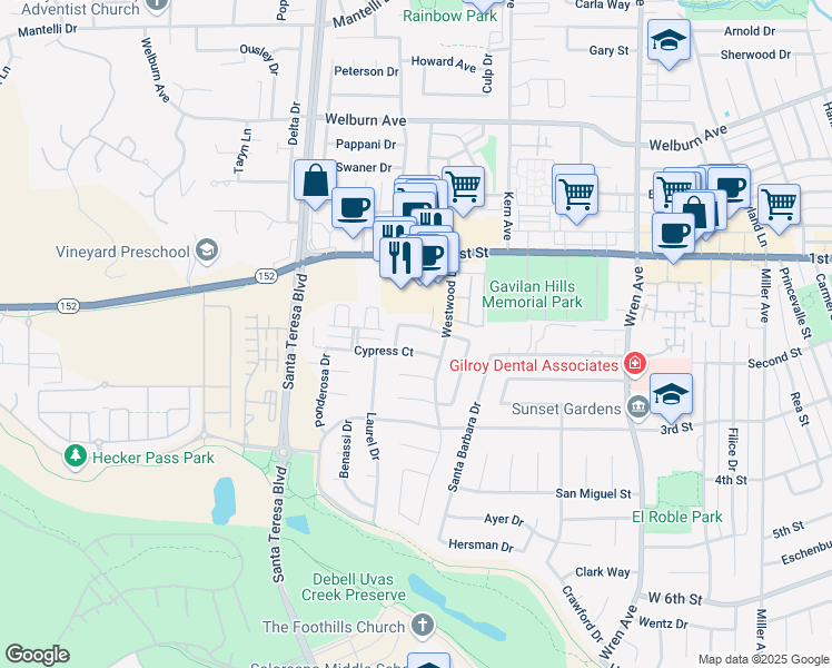 map of restaurants, bars, coffee shops, grocery stores, and more near 1220 Juniper Drive in Gilroy