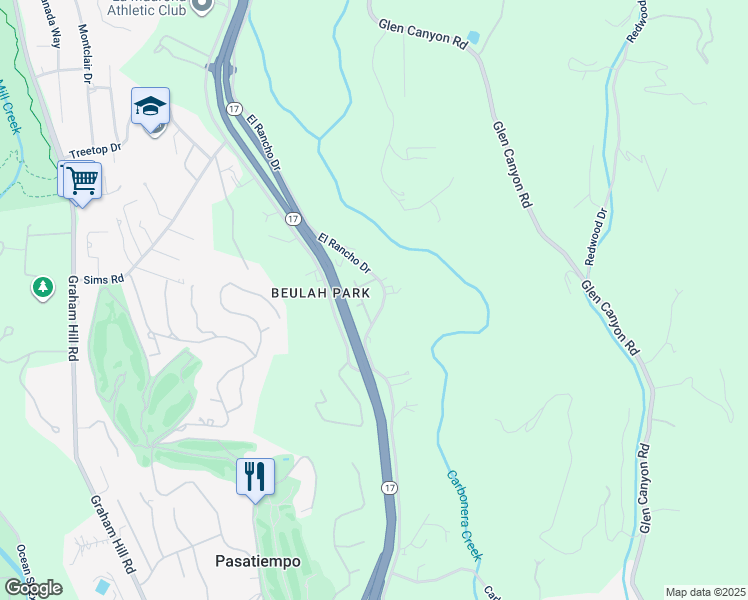 map of restaurants, bars, coffee shops, grocery stores, and more near 38 Beulah Drive in Santa Cruz