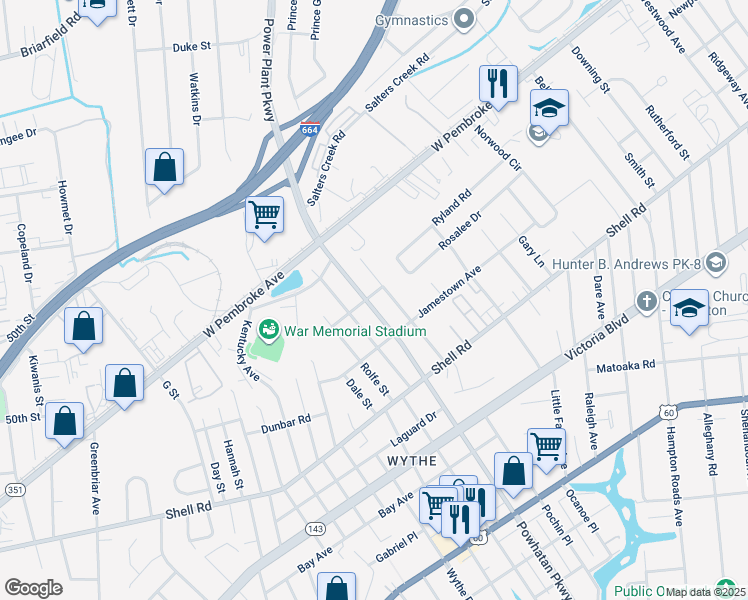 map of restaurants, bars, coffee shops, grocery stores, and more near 738 Powhatan Parkway in Hampton
