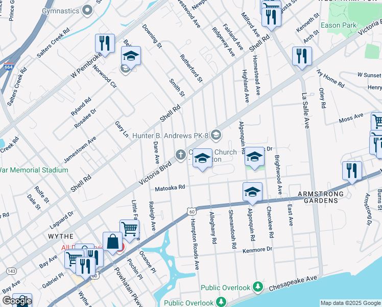 map of restaurants, bars, coffee shops, grocery stores, and more near 346 Hampton Roads Avenue in Hampton