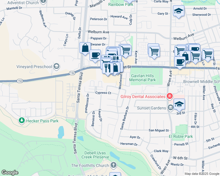 map of restaurants, bars, coffee shops, grocery stores, and more near 1260 Juniper Drive in Gilroy