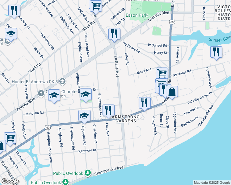 map of restaurants, bars, coffee shops, grocery stores, and more near 281 LaSalle Avenue in Hampton
