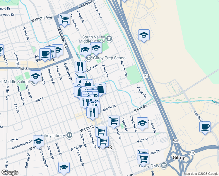 map of restaurants, bars, coffee shops, grocery stores, and more near 7621 Forest Street in Gilroy
