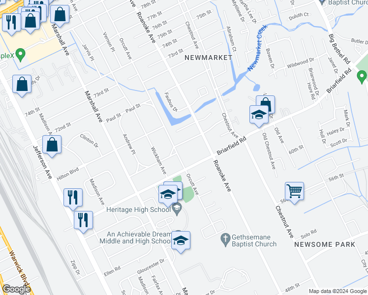 map of restaurants, bars, coffee shops, grocery stores, and more near 904 James Drive in Newport News