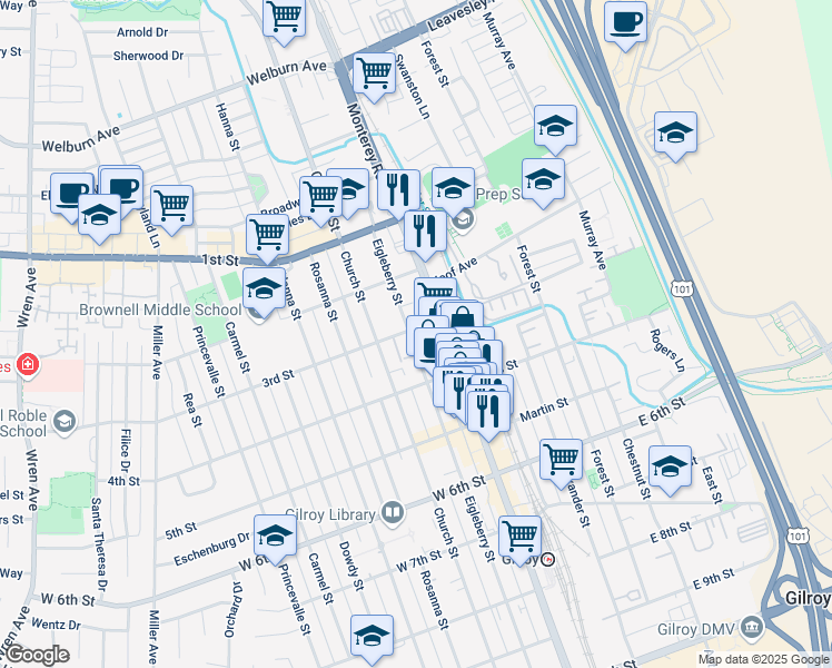 map of restaurants, bars, coffee shops, grocery stores, and more near 94 3rd Street in Gilroy