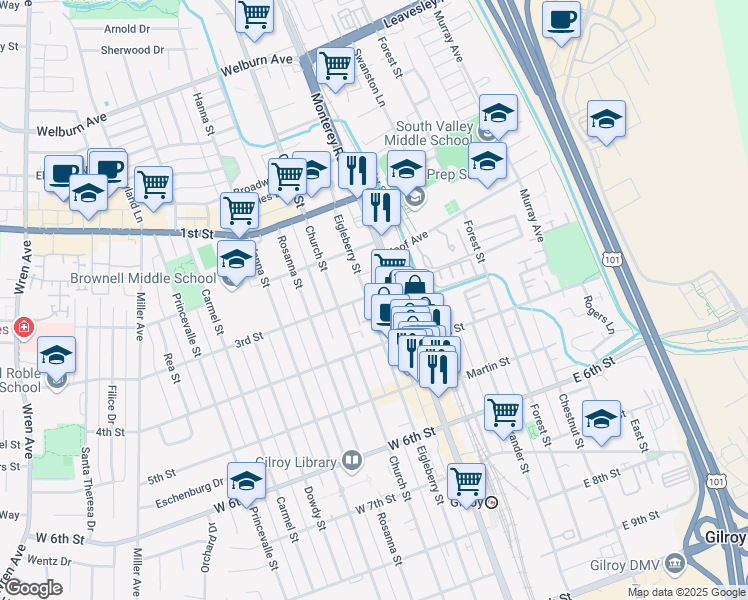 map of restaurants, bars, coffee shops, grocery stores, and more near 86 3rd Street in Gilroy