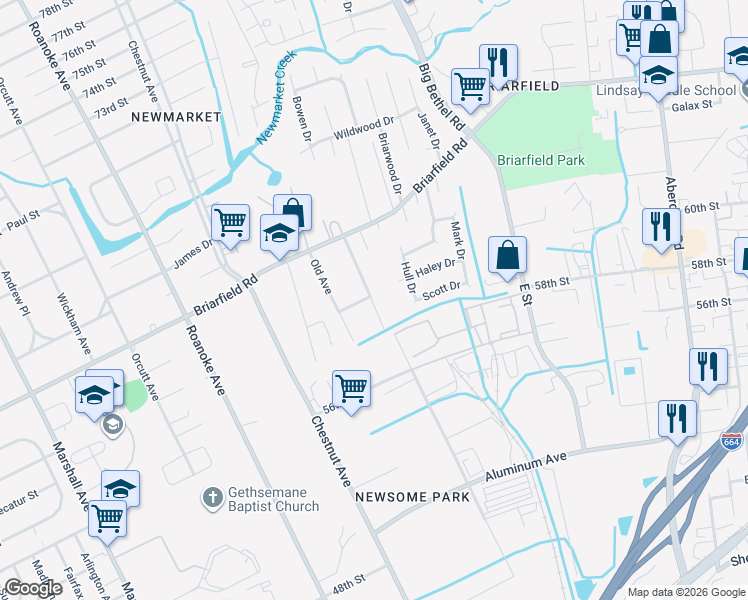map of restaurants, bars, coffee shops, grocery stores, and more near 5913 Potomac Avenue in Newport News
