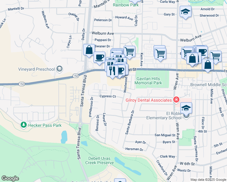 map of restaurants, bars, coffee shops, grocery stores, and more near 1270 Juniper Drive in Gilroy