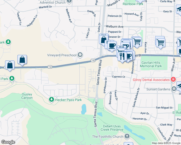 map of restaurants, bars, coffee shops, grocery stores, and more near 7801 Isabella Way in Gilroy