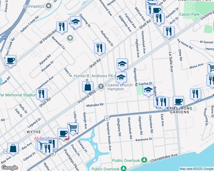 map of restaurants, bars, coffee shops, grocery stores, and more near 346 Hampton Roads Avenue in Hampton