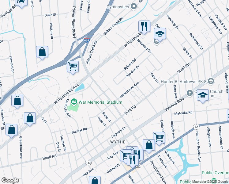 map of restaurants, bars, coffee shops, grocery stores, and more near 712 Teach Street in Hampton