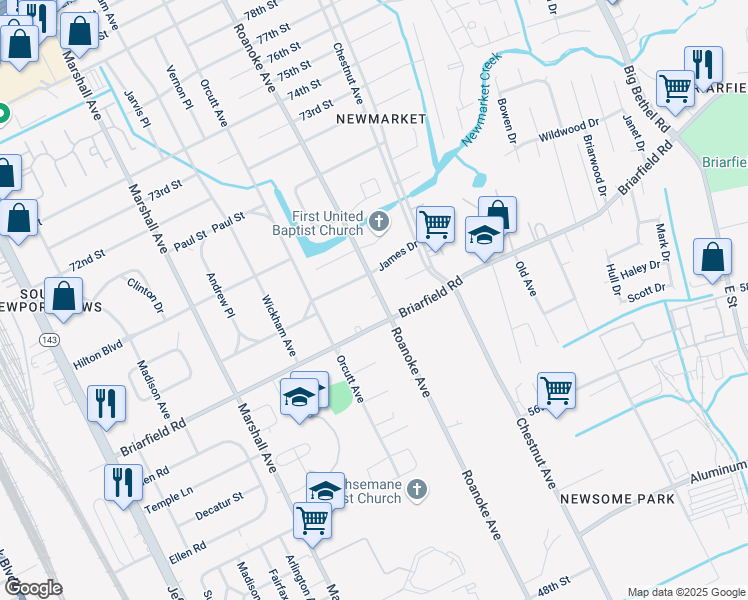 map of restaurants, bars, coffee shops, grocery stores, and more near 6207 Roanoke Avenue in Newport News