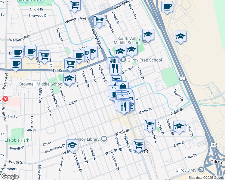 map of restaurants, bars, coffee shops, grocery stores, and more near 94 3rd Street in Gilroy