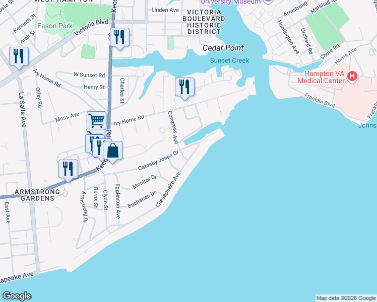 map of restaurants, bars, coffee shops, grocery stores, and more near 4404 Chesapeake Avenue in Hampton