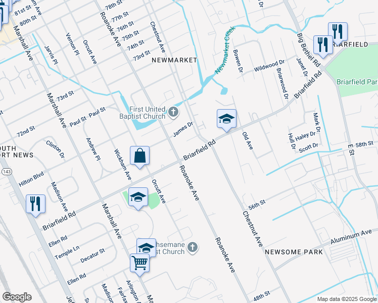 map of restaurants, bars, coffee shops, grocery stores, and more near 1005 Briarfield Road in Newport News