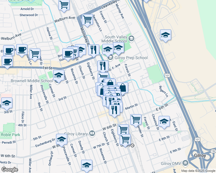 map of restaurants, bars, coffee shops, grocery stores, and more near 7660 Monterey Road in Gilroy