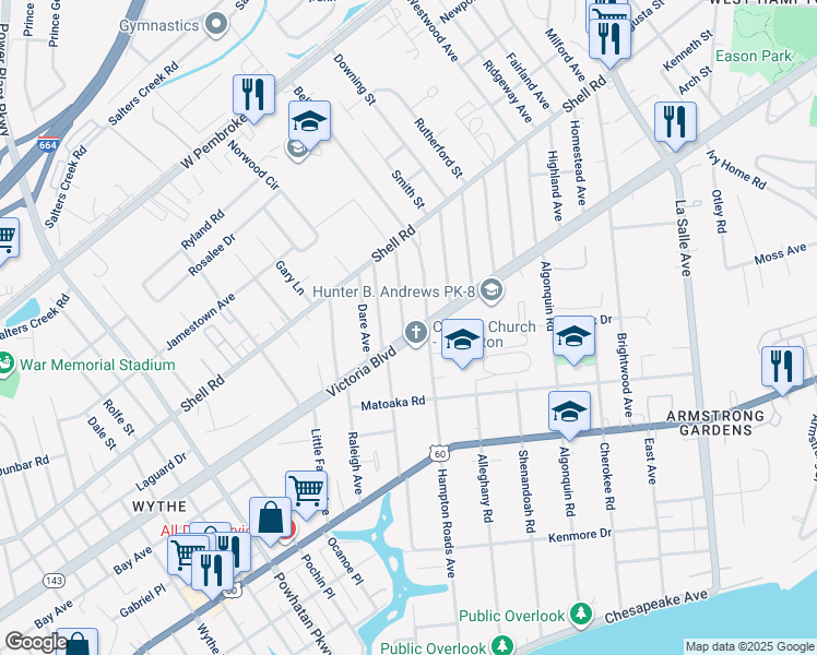 map of restaurants, bars, coffee shops, grocery stores, and more near 400 Glendale Road in Hampton