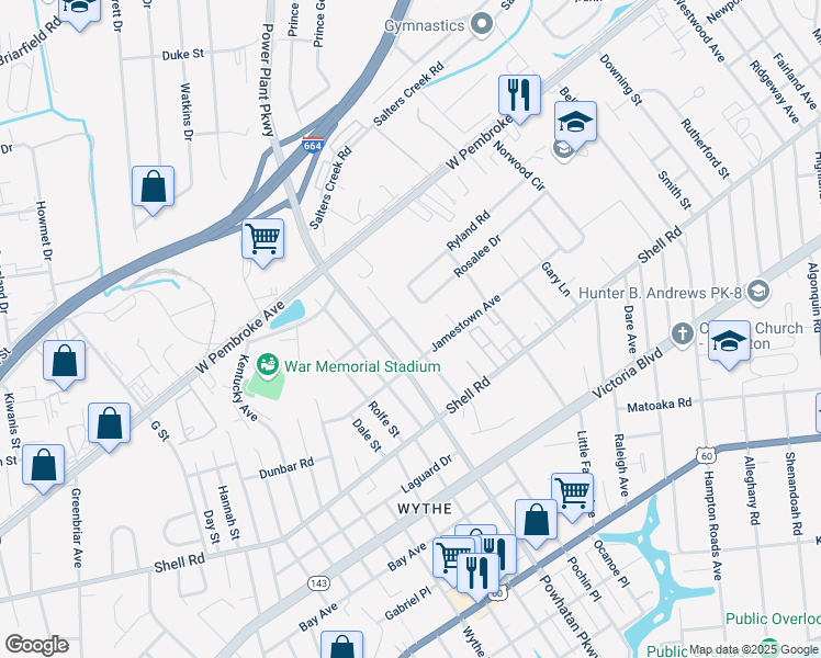 map of restaurants, bars, coffee shops, grocery stores, and more near 712 Teach Street in Hampton