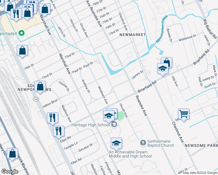map of restaurants, bars, coffee shops, grocery stores, and more near 5909 Orcutt Avenue in Newport News