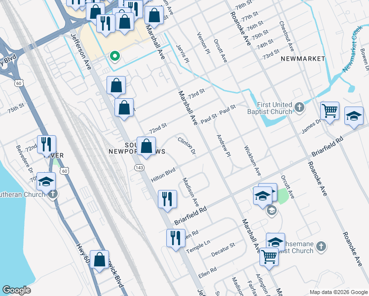 map of restaurants, bars, coffee shops, grocery stores, and more near 5930 Madison Avenue in Newport News