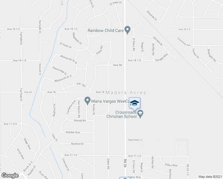 map of restaurants, bars, coffee shops, grocery stores, and more near 18019 Daley Road in Madera