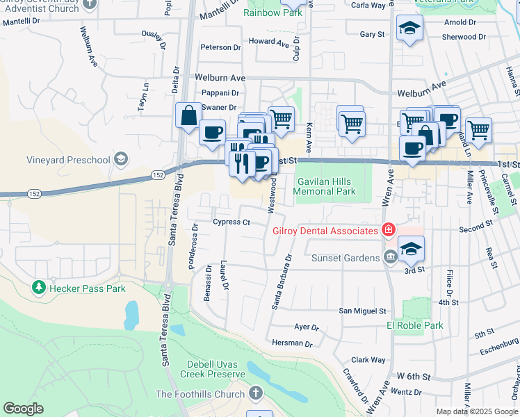 map of restaurants, bars, coffee shops, grocery stores, and more near 1221 Juniper Drive in Gilroy