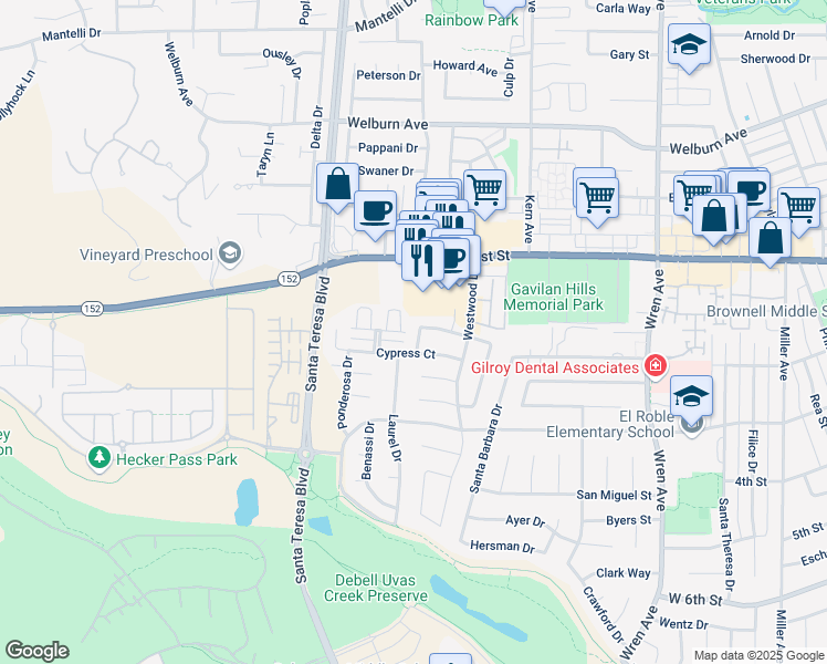 map of restaurants, bars, coffee shops, grocery stores, and more near 1281 Juniper Drive in Gilroy