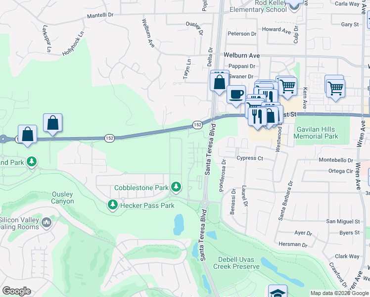 map of restaurants, bars, coffee shops, grocery stores, and more near 7912 Cinnamon Way in Gilroy