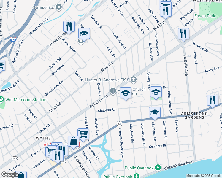 map of restaurants, bars, coffee shops, grocery stores, and more near 400 Glendale Road in Hampton
