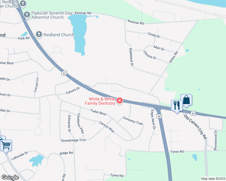 map of restaurants, bars, coffee shops, grocery stores, and more near 106 Guess Court in Paducah