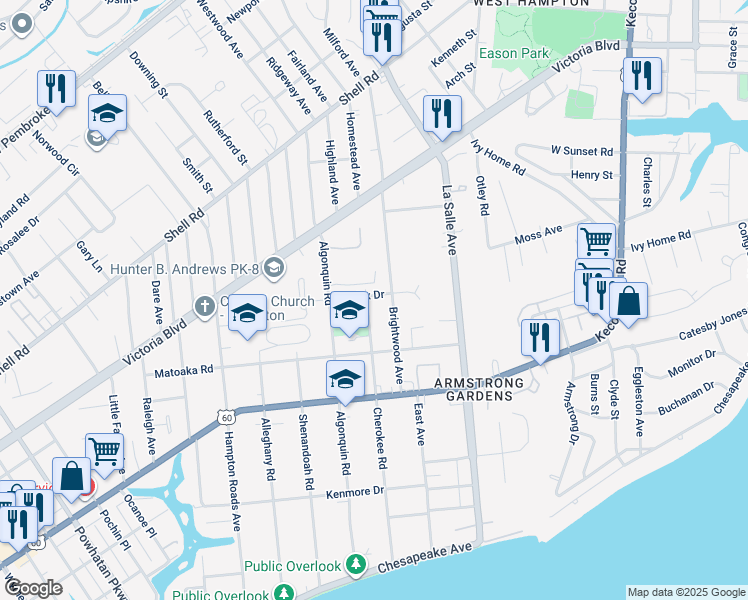 map of restaurants, bars, coffee shops, grocery stores, and more near 324 Cherokee Road in Hampton