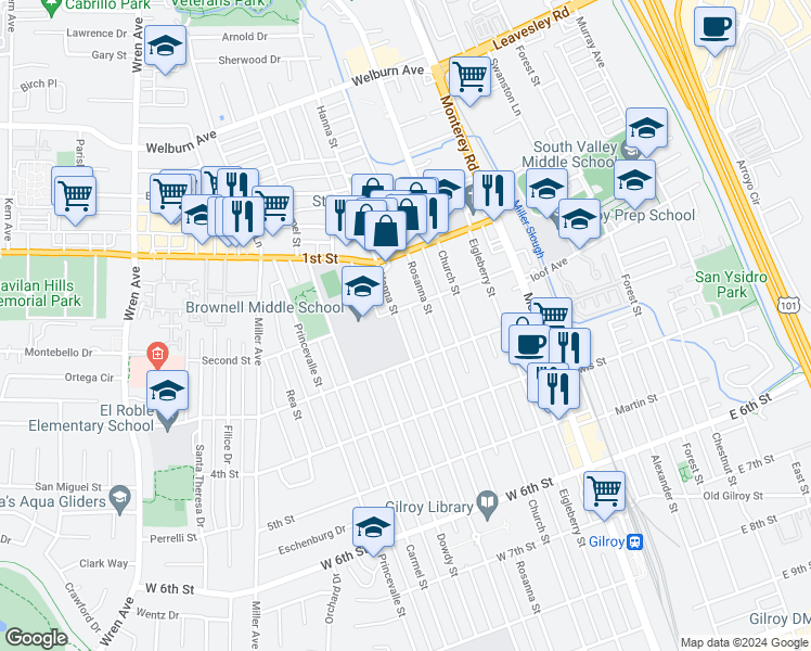 map of restaurants, bars, coffee shops, grocery stores, and more near 7760 Hanna Street in Gilroy