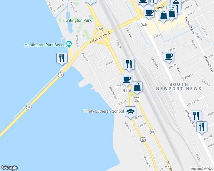 map of restaurants, bars, coffee shops, grocery stores, and more near 7207 Belvedere Drive in Newport News