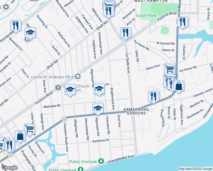 map of restaurants, bars, coffee shops, grocery stores, and more near 324 Cherokee Road in Hampton