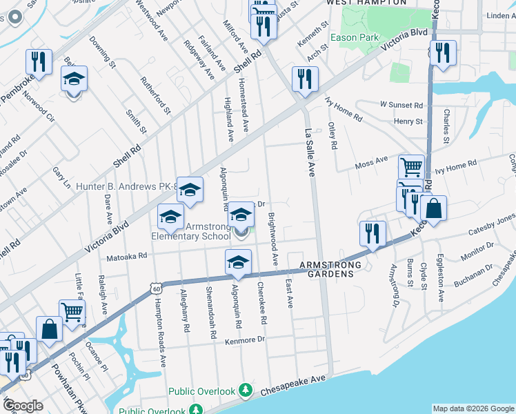 map of restaurants, bars, coffee shops, grocery stores, and more near 320 Cherokee Road in Hampton