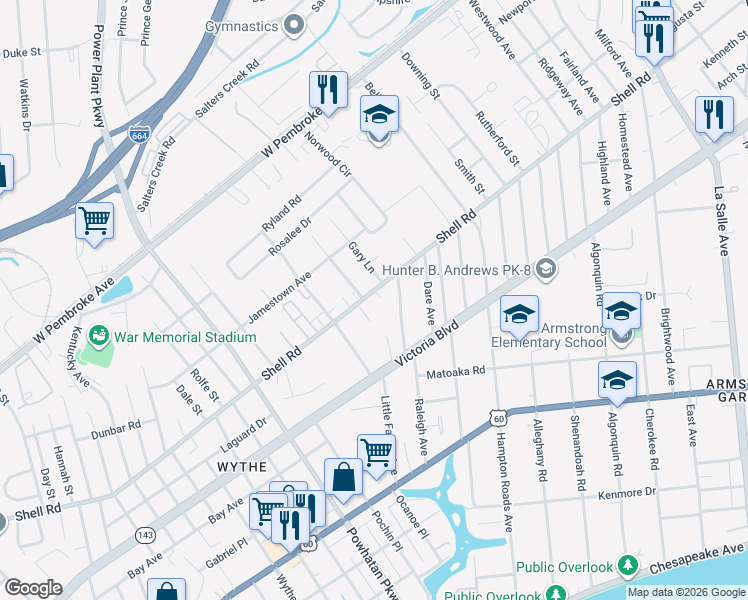 map of restaurants, bars, coffee shops, grocery stores, and more near 508 Middleboro Terrace in Hampton