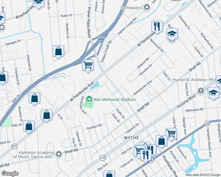 map of restaurants, bars, coffee shops, grocery stores, and more near 817A Pocahontas Place in Hampton