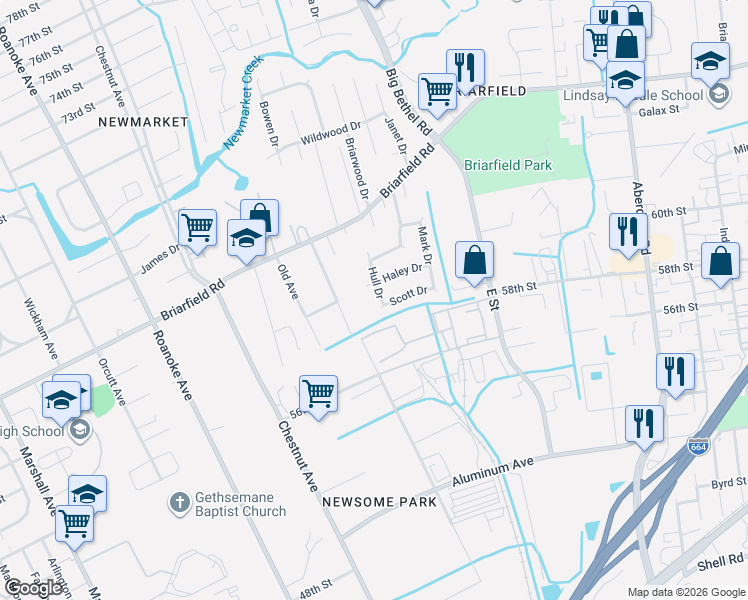 map of restaurants, bars, coffee shops, grocery stores, and more near 27 Scott Drive in Hampton