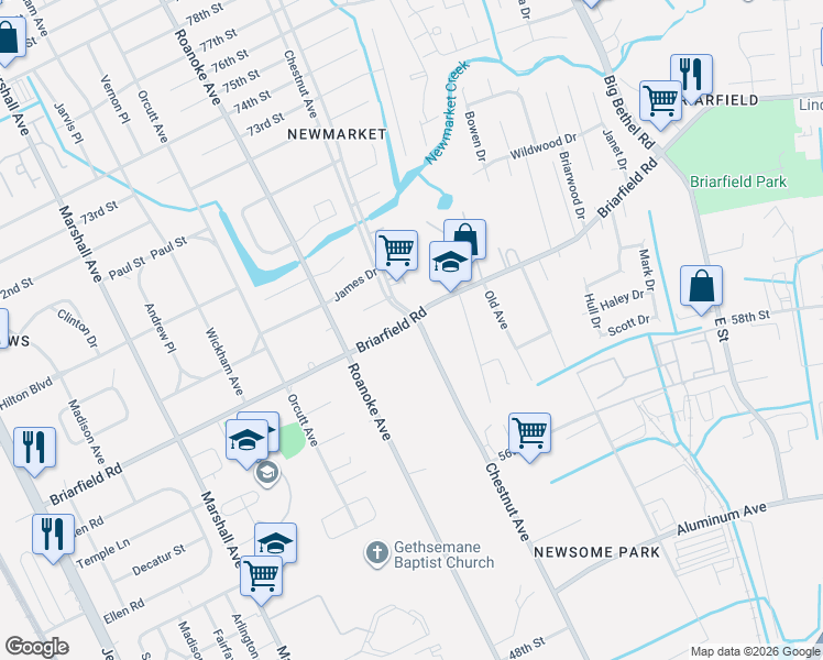 map of restaurants, bars, coffee shops, grocery stores, and more near 1012 Briarfield Road in Newport News