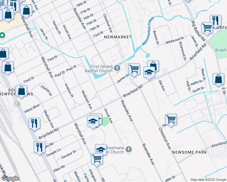 map of restaurants, bars, coffee shops, grocery stores, and more near 6207 Roanoke Avenue in Newport News
