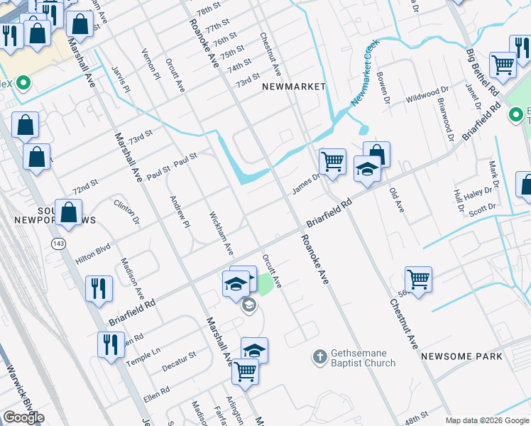 map of restaurants, bars, coffee shops, grocery stores, and more near 904 James Drive in Newport News