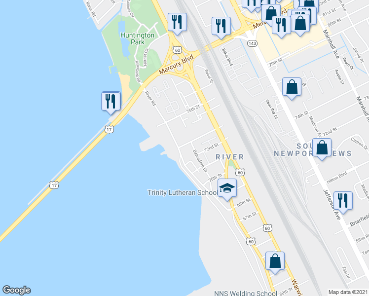 map of restaurants, bars, coffee shops, grocery stores, and more near 7207 River Road in Newport News